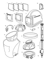 Schematische illustratie van de Contracor Comfort Straalhelm met genummerde onderdelen voor duidelijke identificatie.